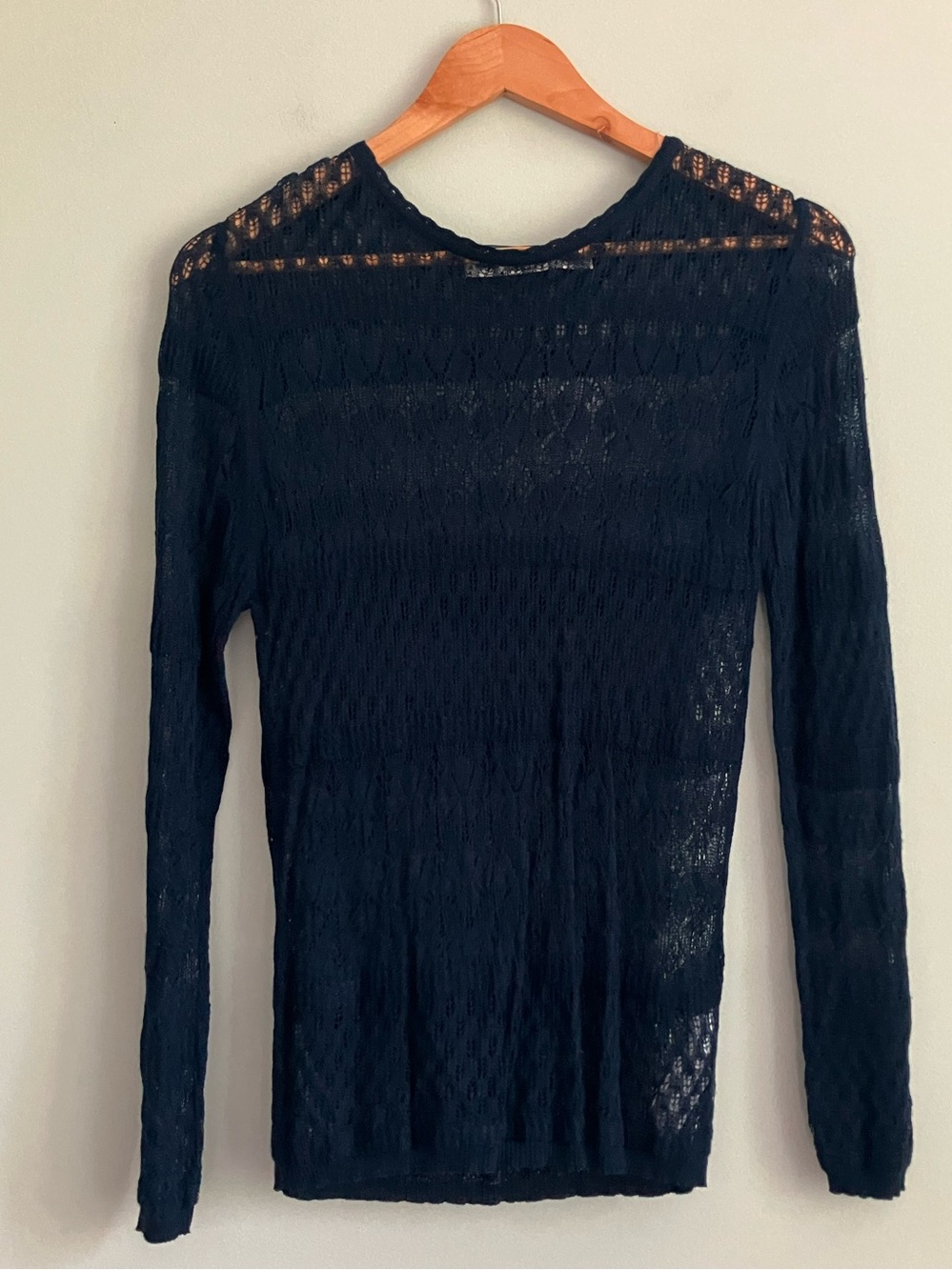 ZARA Navy Open Knit Linen Blend Long Sleeve Top Size M NWT